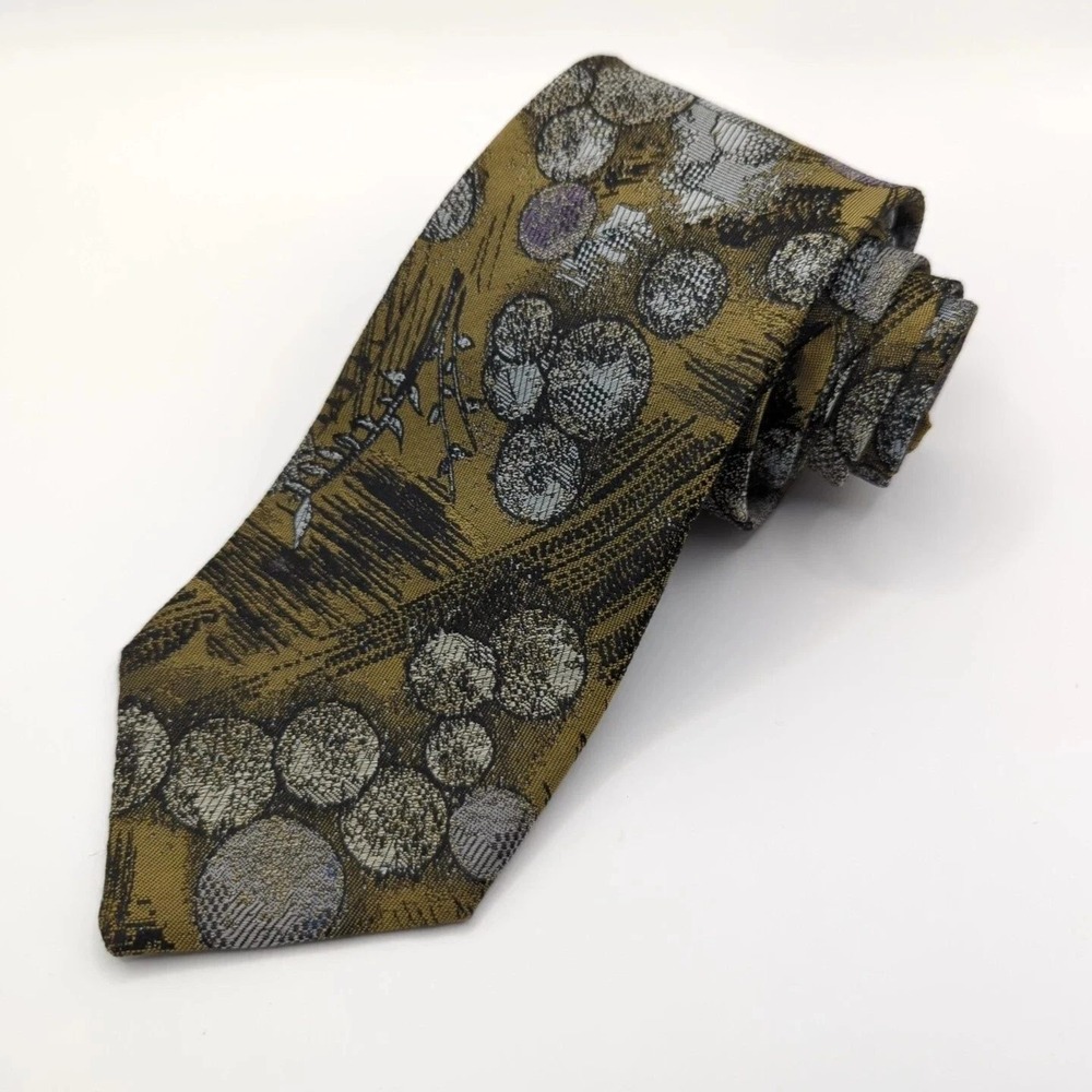Guy Laroche Silk Abstract Geometric Necktie Mens Gold Black Gray Oriental